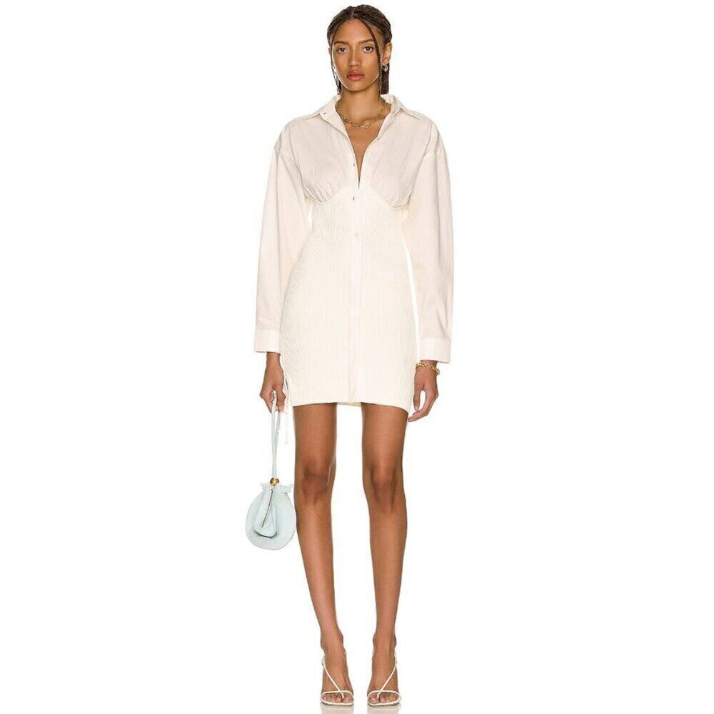 ANDREĀDAMO Cotton Mini Shirt Dress Ribbed Knit Bodycon XS Ivory MSRP $887 Luxury